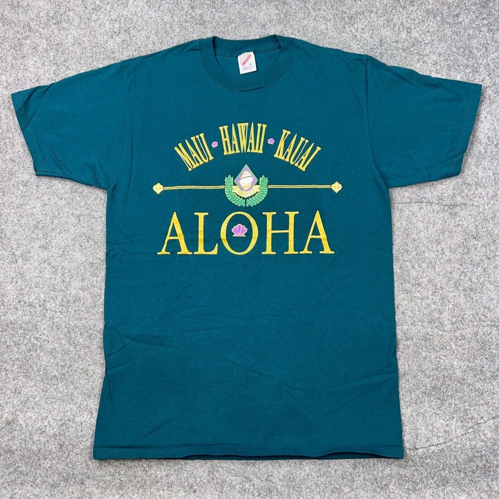 VTG Hawaii Shirt Mens Large Green Maui Aloha Kauai Island Puff Print Tee USA 90s - Picture 2 of 12